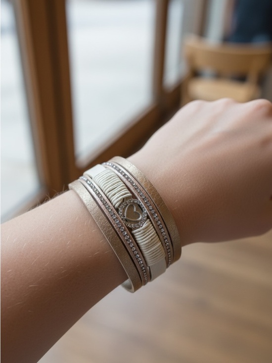 Jewelry - Women’s Multi-Layer Champagne & Cream Heart Wrap Bracelet